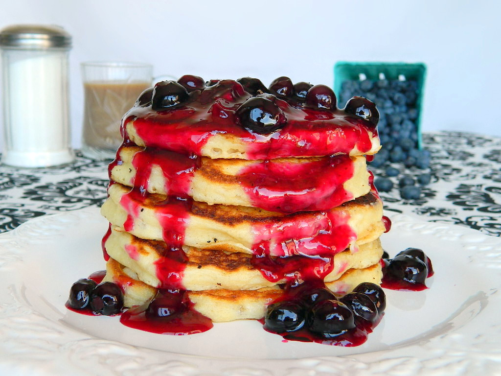 Fluffy Buttermilk Pancakes with Homemade Blueberry Sauce