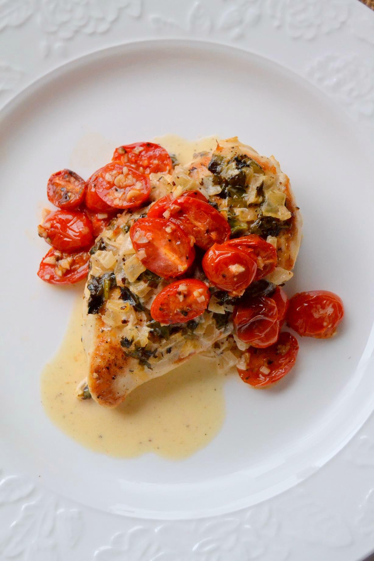 Chicken in Basil Cream Sauce with Roasted Tomatoes