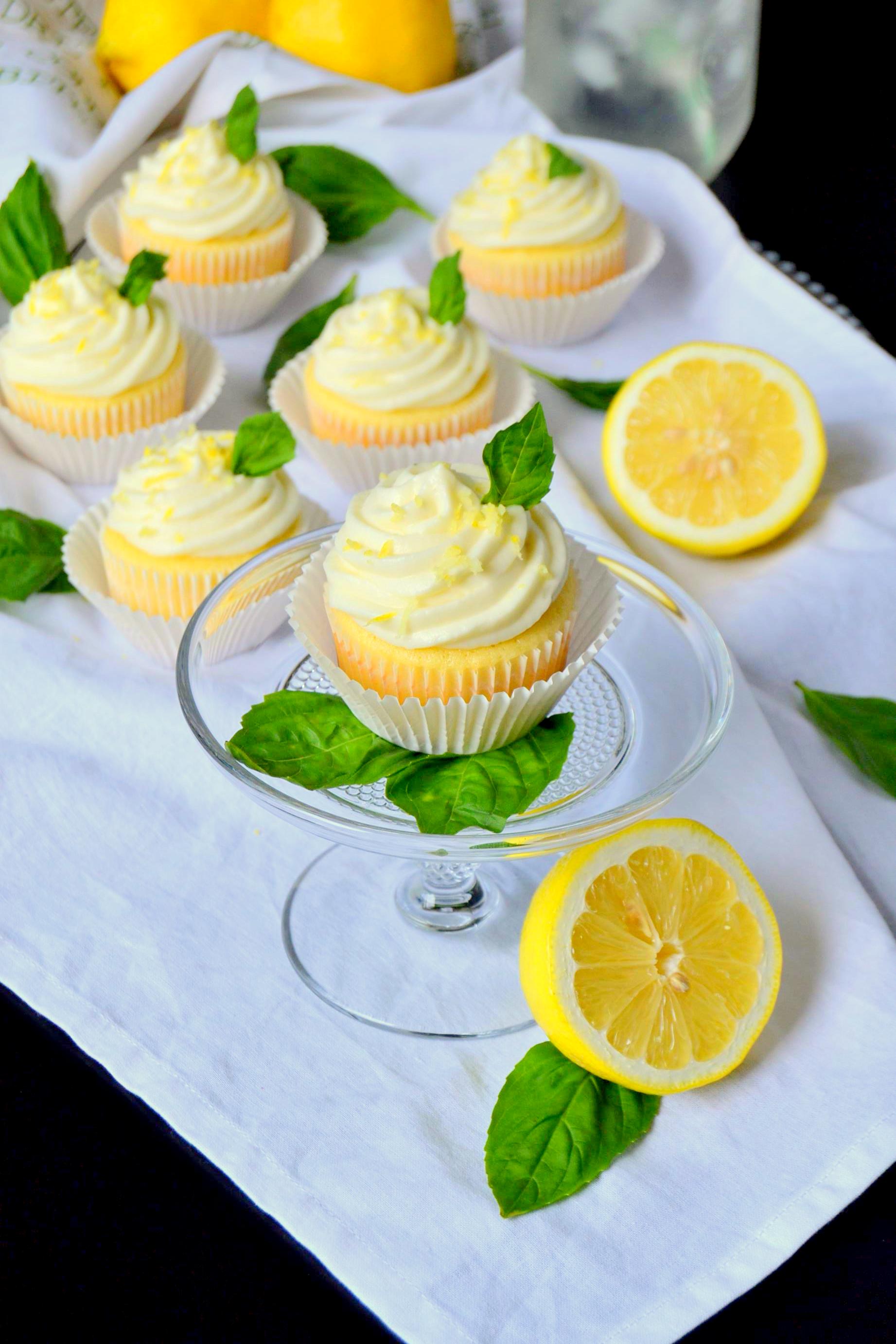 Lemon Cupcakes with Basil Whipped Cream Frosting