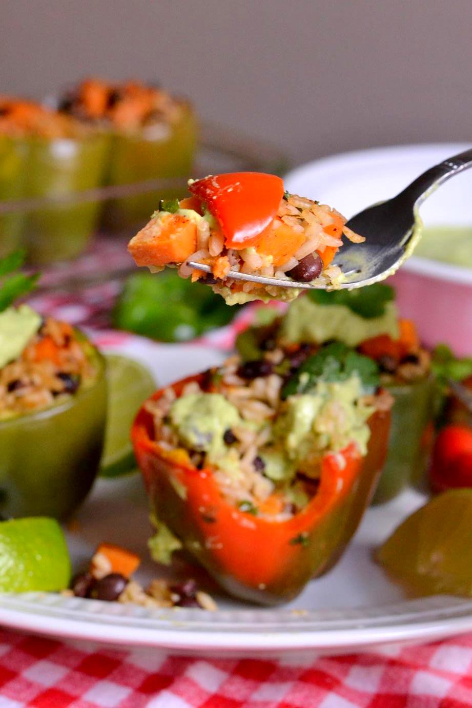 Sweet Potato and Black Bean Stuffed Peppers with Avocado Yogurt Sauce Fair Robin Revival