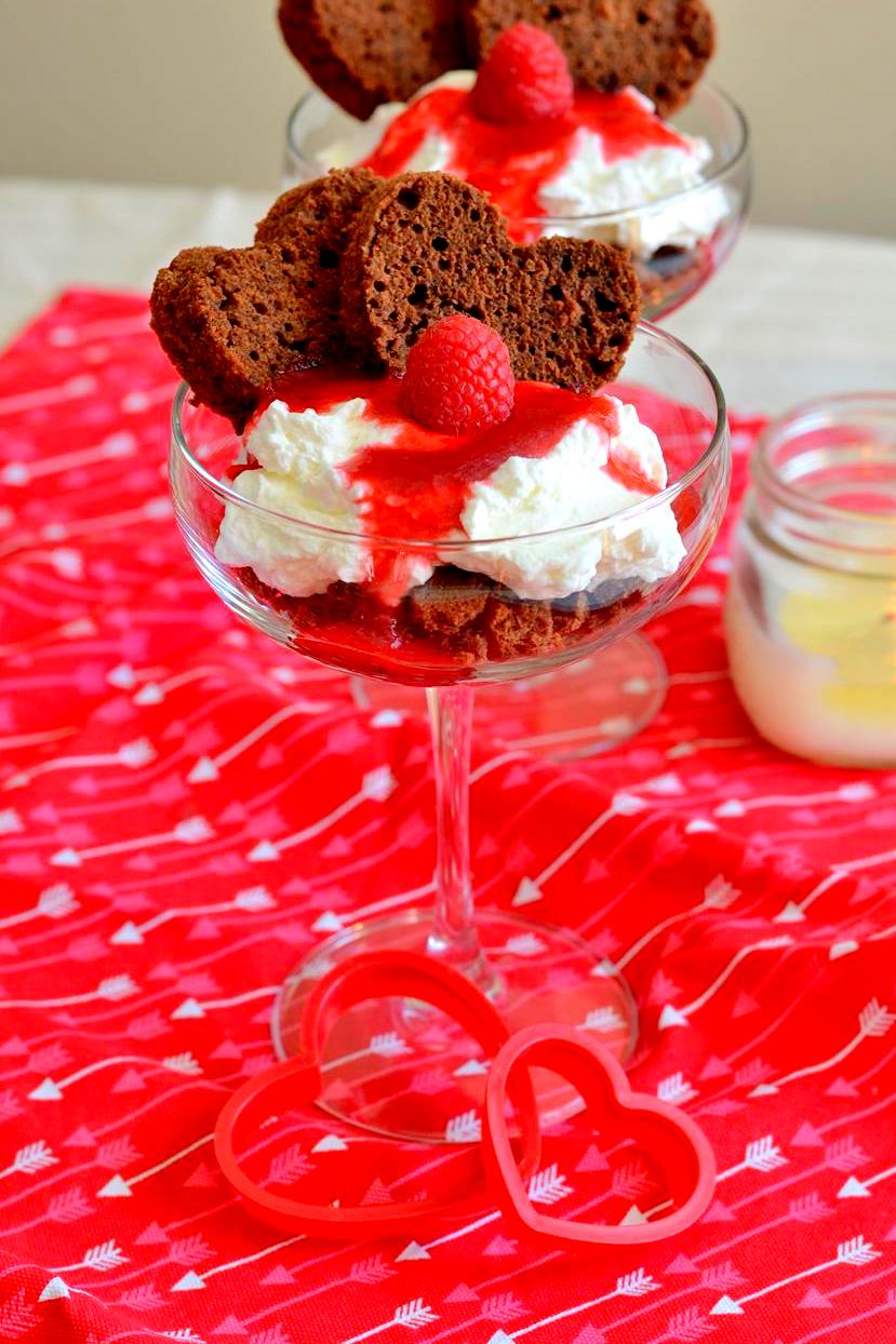Brownie Dessert Cups with Whipped Cream and Raspberry Sauce