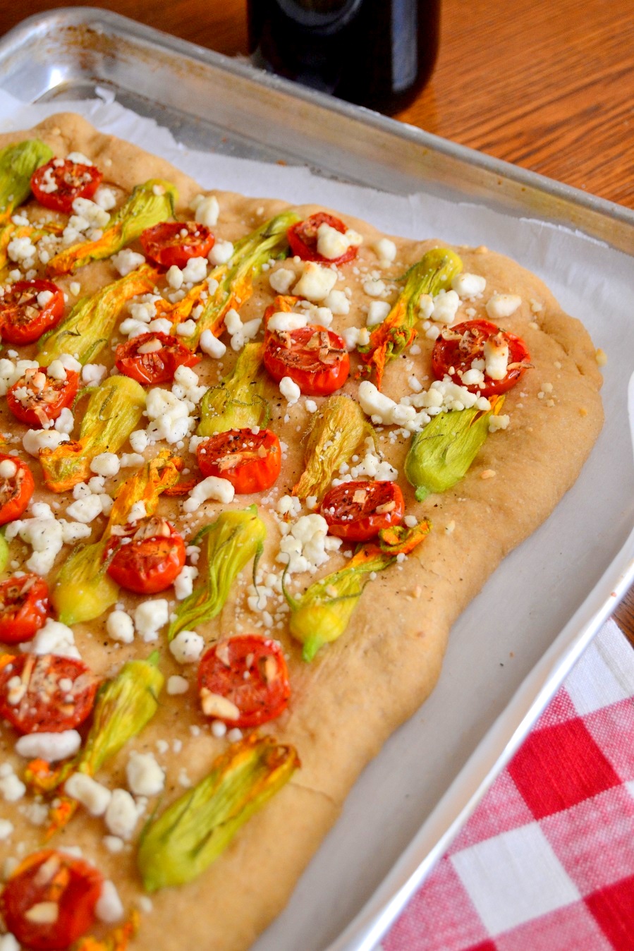 Roasted Garlic Tomato and Squash Blossom Pizza