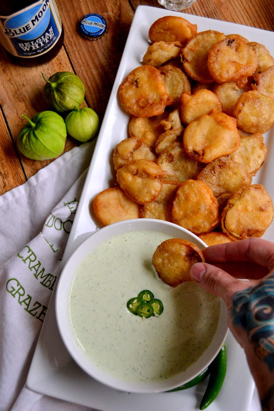 Beer Battered Tomatillos with Serrano Yogurt Dipping Sauce Fair Robin