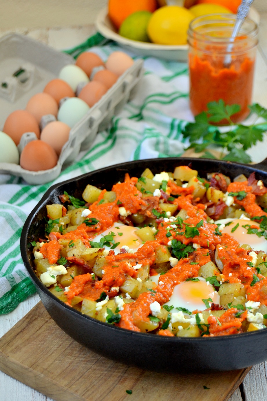 One Skillet Potato Hash with Red Pepper Sauce